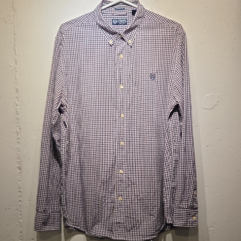 Chaps Ralph Lauren Men's Purple, Black & White Checkered Button Down Shirt (L)